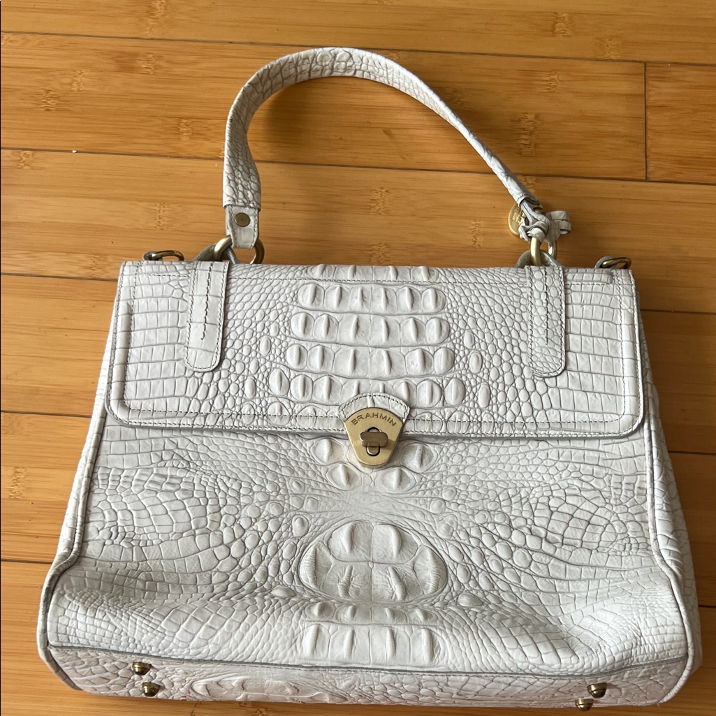 Brahmin White Croc-Embossed Top-Handle Satchel With Gold Hardware